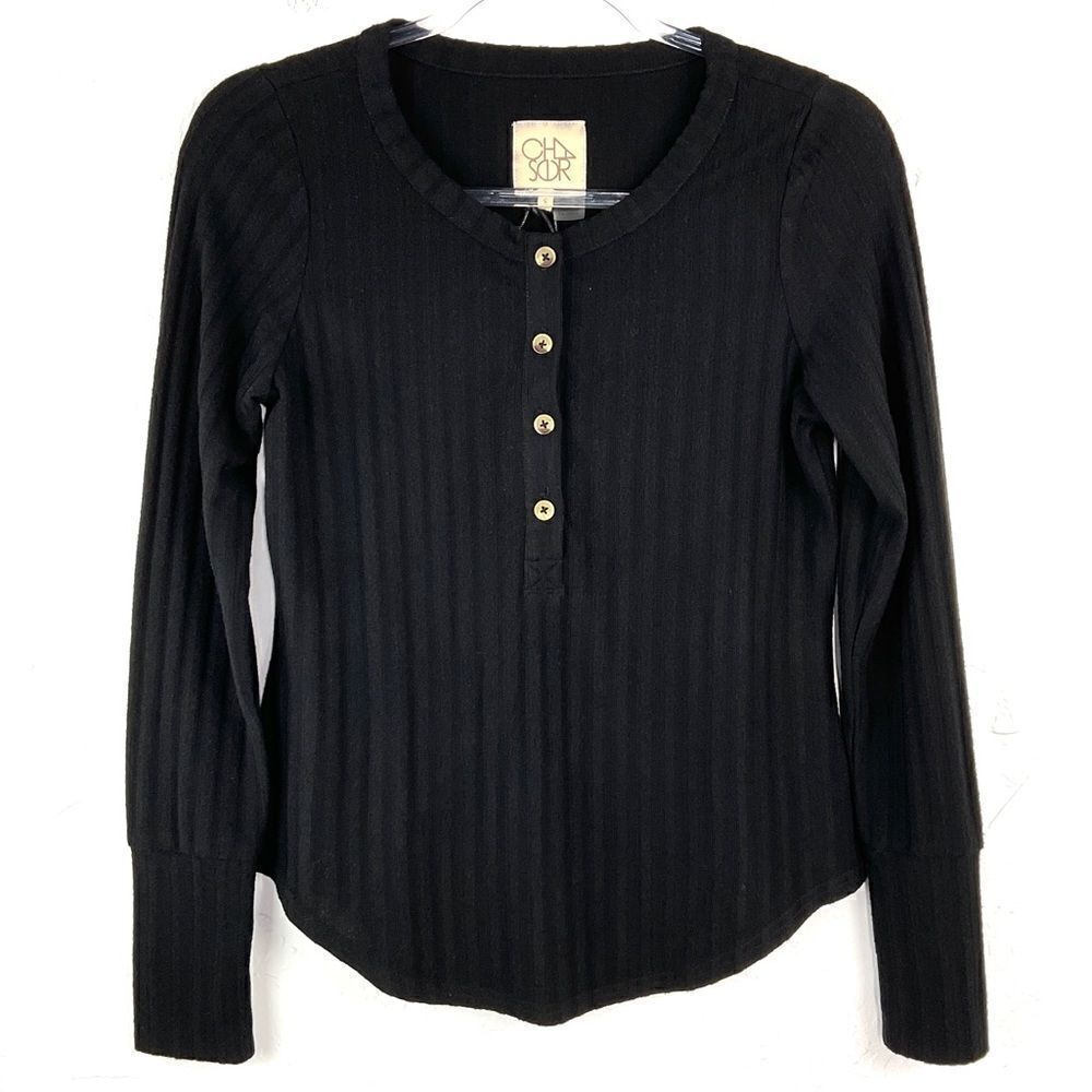 Chaser Black Ribbed Long Sleeve Popover Top Small NWT